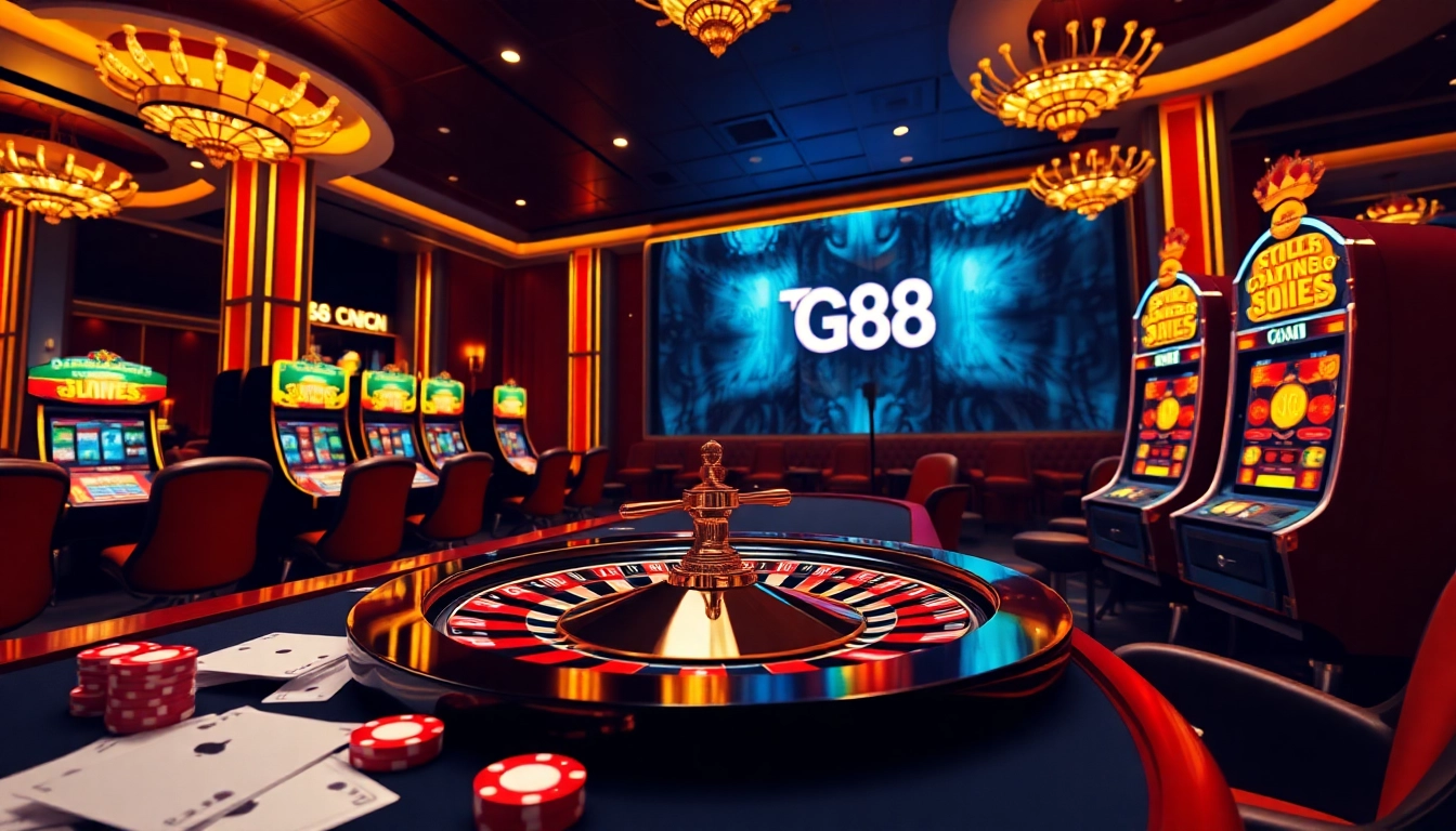 Experience the excitement of TG88 with luxury casino visuals including roulette and poker elements.