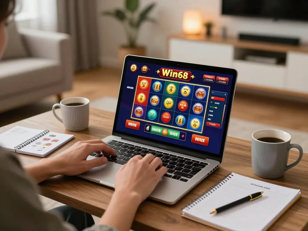 Player enjoying online gaming at win68 with colorful slots and cozy home setting