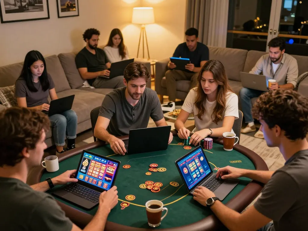 Players engaging in online casino activities with MM88, showcasing strategic gameplay in a cozy environment