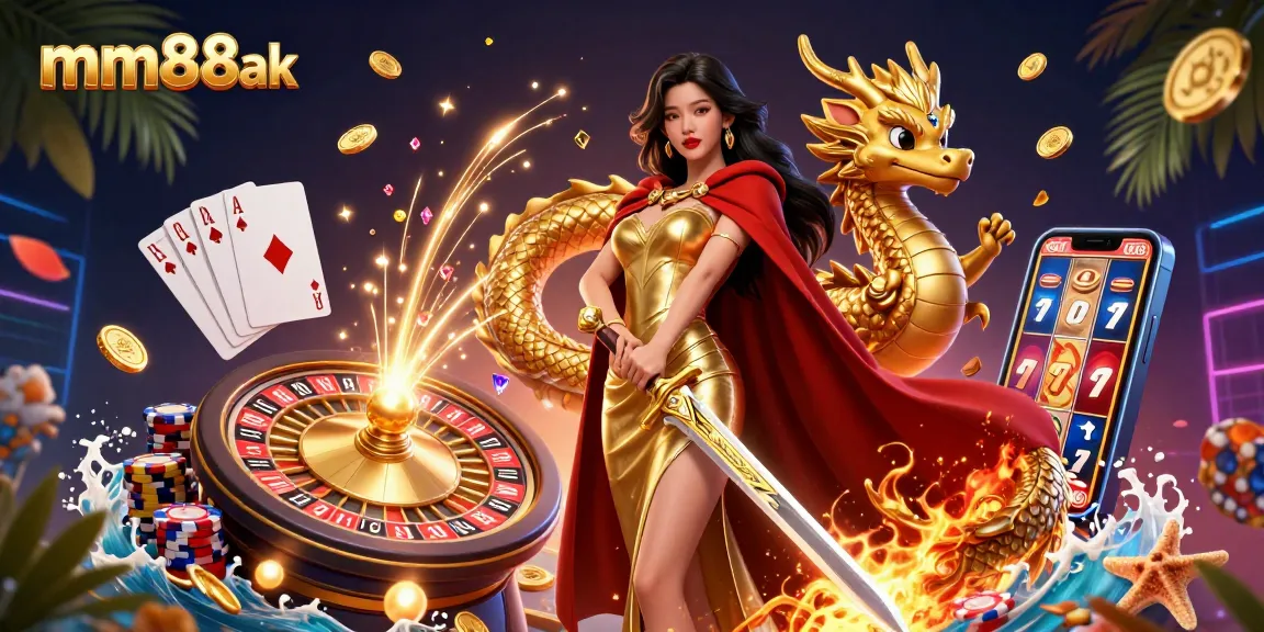 Win big with mm88ak in this vibrant 3D casino scene featuring golden coins, a roulette wheel, and captivating characters.