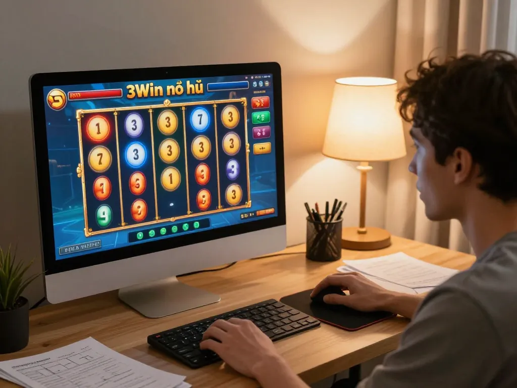 Engaging player enjoying 3Win nổ hũ online gaming session in a cozy home environment