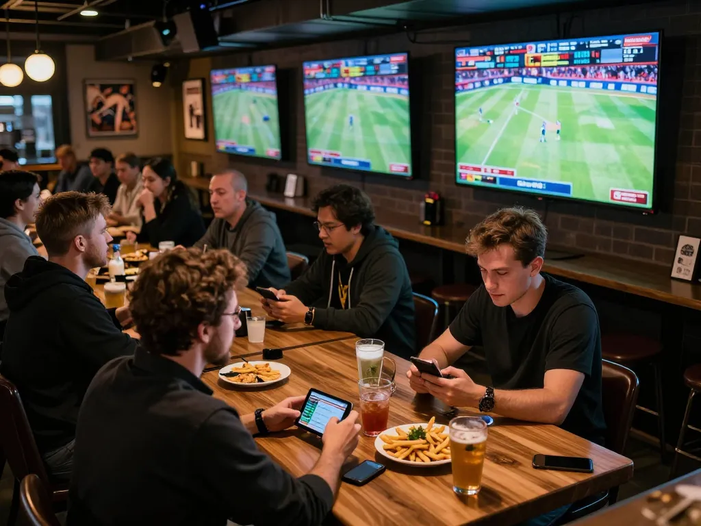Engaged sports fans placing bets on keobongda app during live match at a bar.