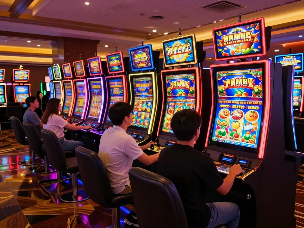Engaging players in the vibrant slot machines during an exciting nổ hũ mb66 gaming session in a lively casino atmosphere.