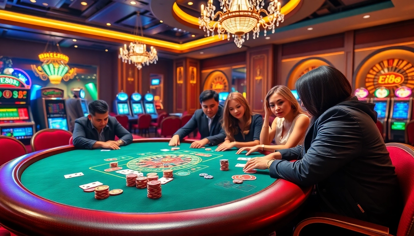 Players enjoying a thrilling game at Ee88 casino, surrounded by vibrant tables, cards, and chips.
