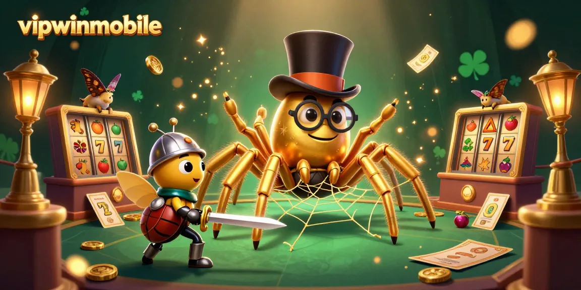 Experience excitement with vipwinmobile in this dynamic casino scene featuring a golden tarantula and beetle knight.