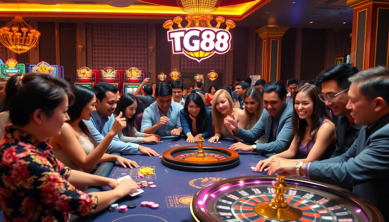 Action-packed scene at a TG88 casino table with players winning and celebrating.