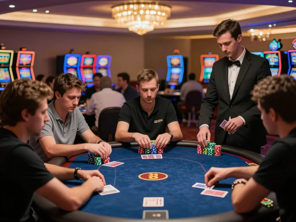 Players strategizing their moves during an intense poker game at O8 SOCIAL casino, showcasing vibrant gameplay.
