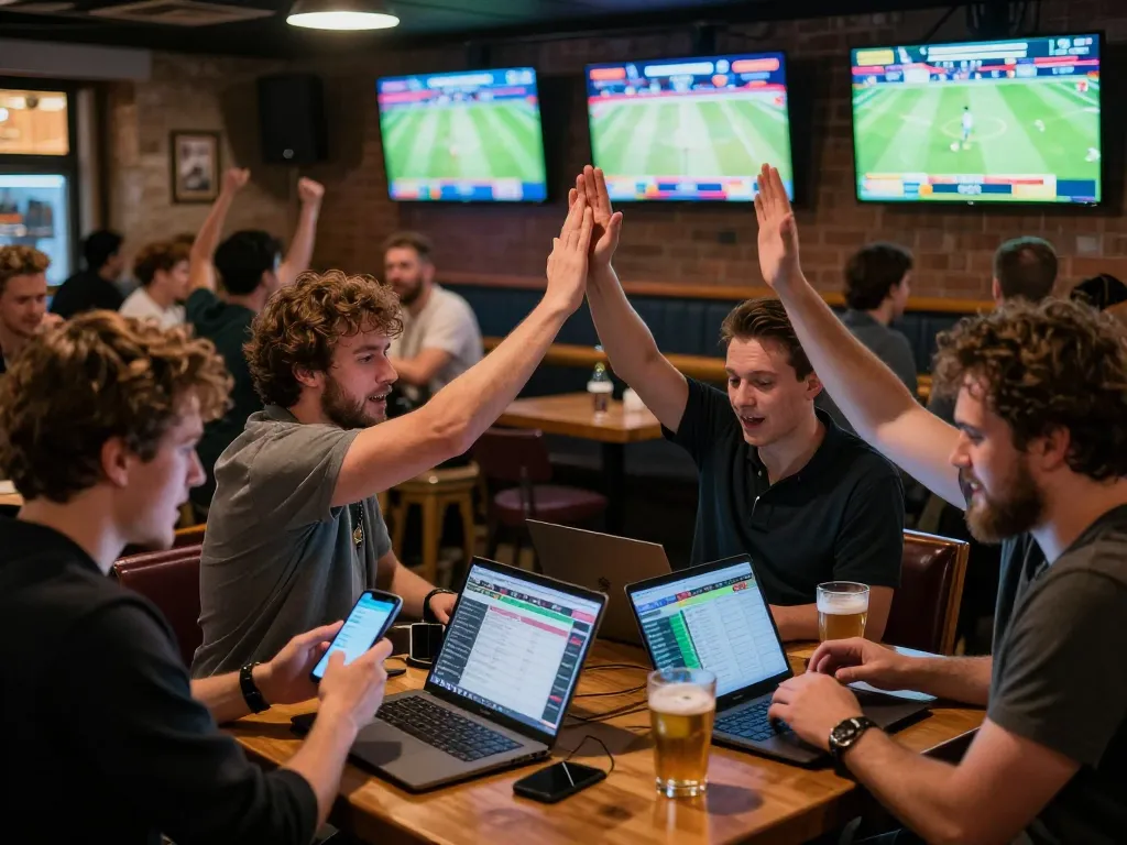 sin88 sports betting action with friends celebrating winning bets at a lively venue
