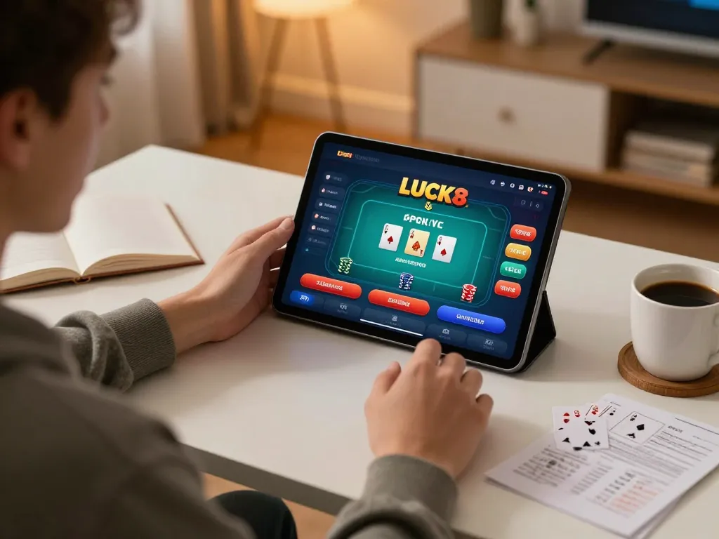 Tham gia vào một trận đấu poker trực tuyến LUCK8 trên máy tính bảng, thể hiện không khí chơi game thoải mái tại nhà.