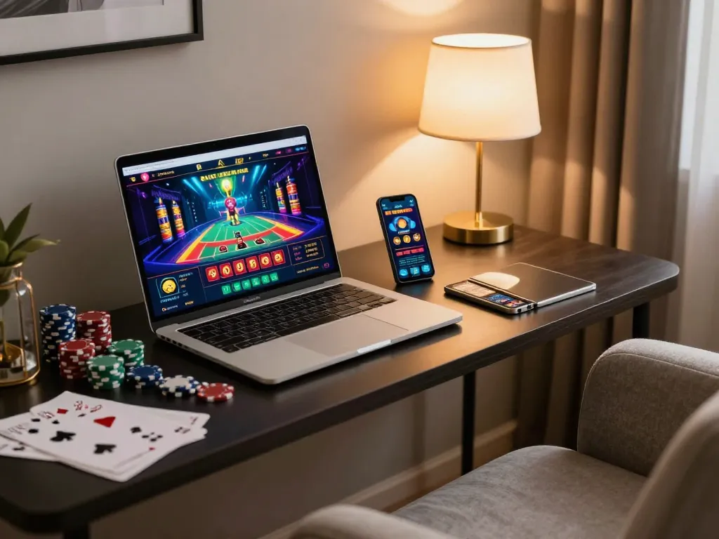 Engage in thrilling casino gameplay on a laptop at home, showcasing the excitement of com online gaming.