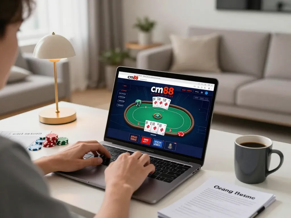 Engaging online poker game on trang chủ cm88 with a focused player in a cozy home setting.