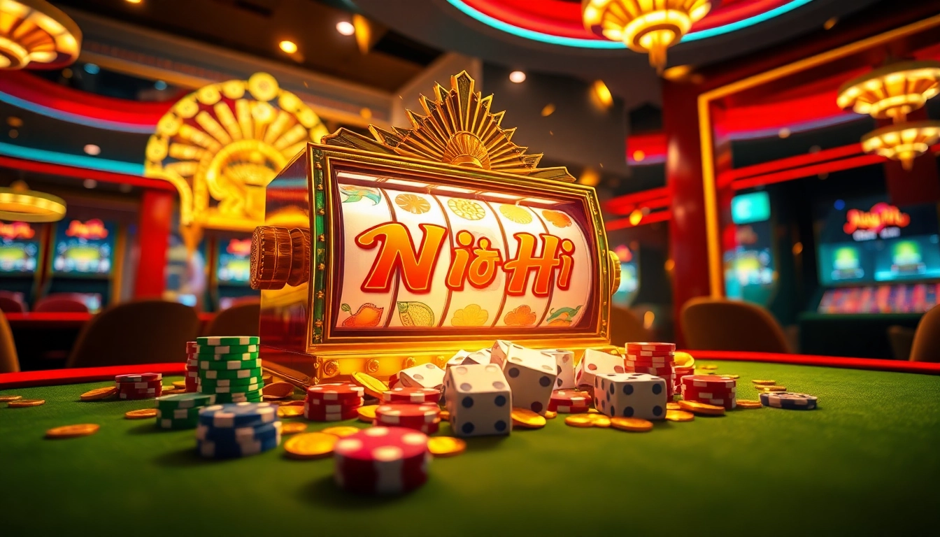 Spin the nổ hũ slot machine with vibrant lights and winning poker chips in a luxurious casino setting.