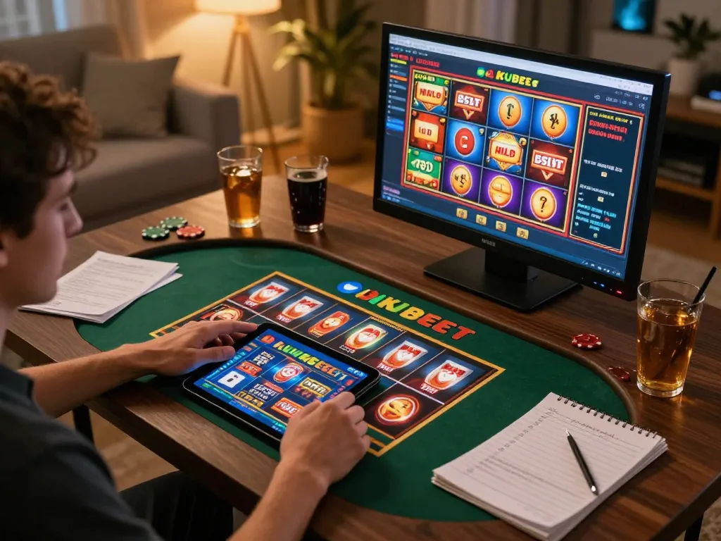 KUBET player engaged in online casino gaming on tablet, surrounded by cozy home atmosphere.
