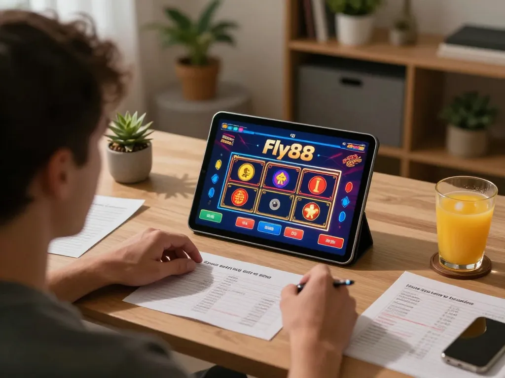Engaging online gaming session on Fly88 platform with a player focused on strategic bets and cozy home setup