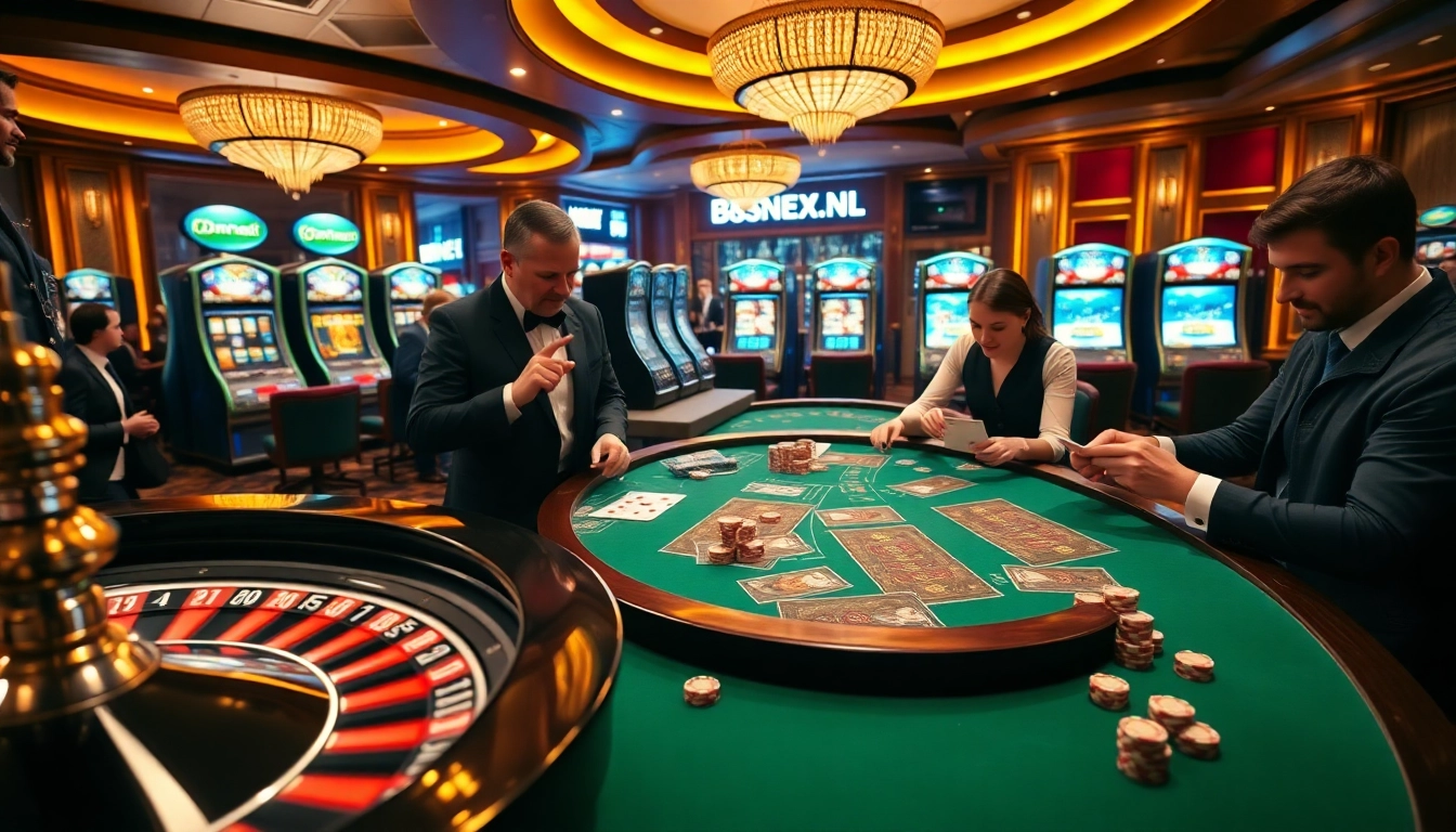 Players enjoying the thrill of gaming at 888new.nl with poker chips and a roulette wheel on a luxurious casino floor.
