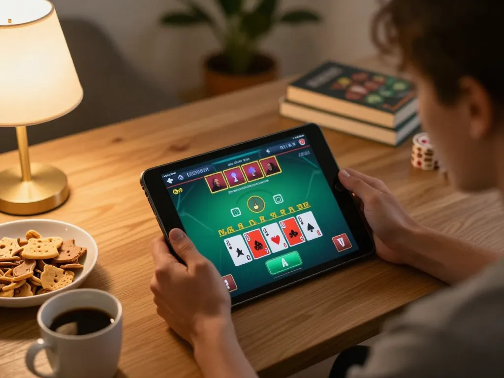 Player enjoying an online blackjack game with man88 on tablet in cozy home setting.