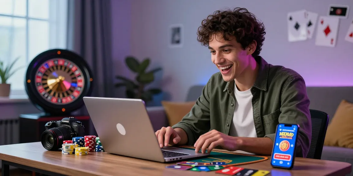 Engaged player at credit card casinos enjoying a vibrant online gaming setup with colorful cards and casino elements.