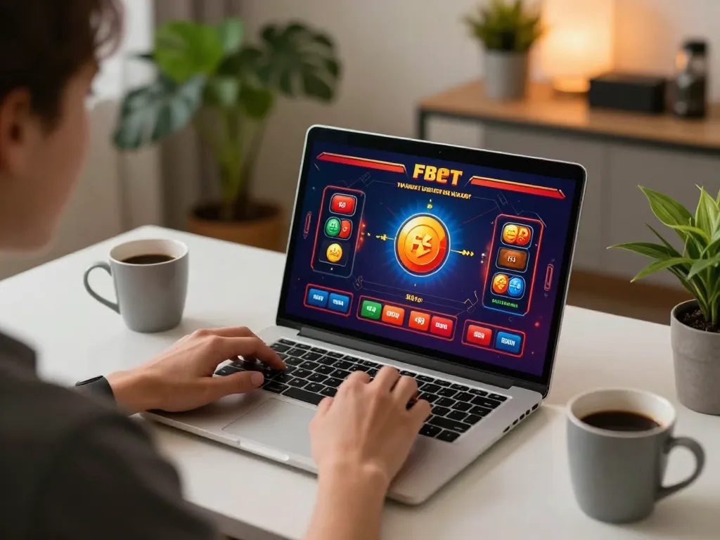 Engaging with F8bet online casino game at home, cozy atmosphere.