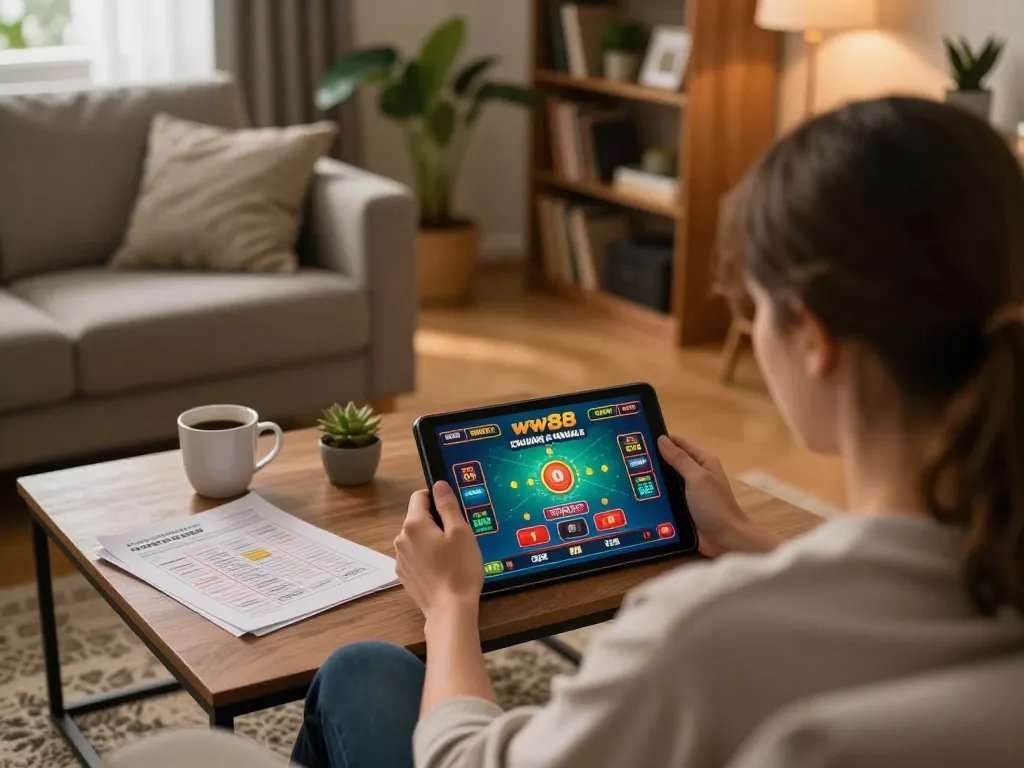 Engaged player enjoying a ww88 online casino game at home, showcasing a relaxed atmosphere.