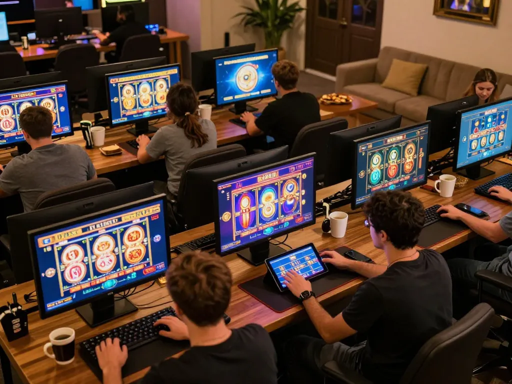 Engaged players enjoying Slot Malaysia online games from home, displaying a lively gaming environment