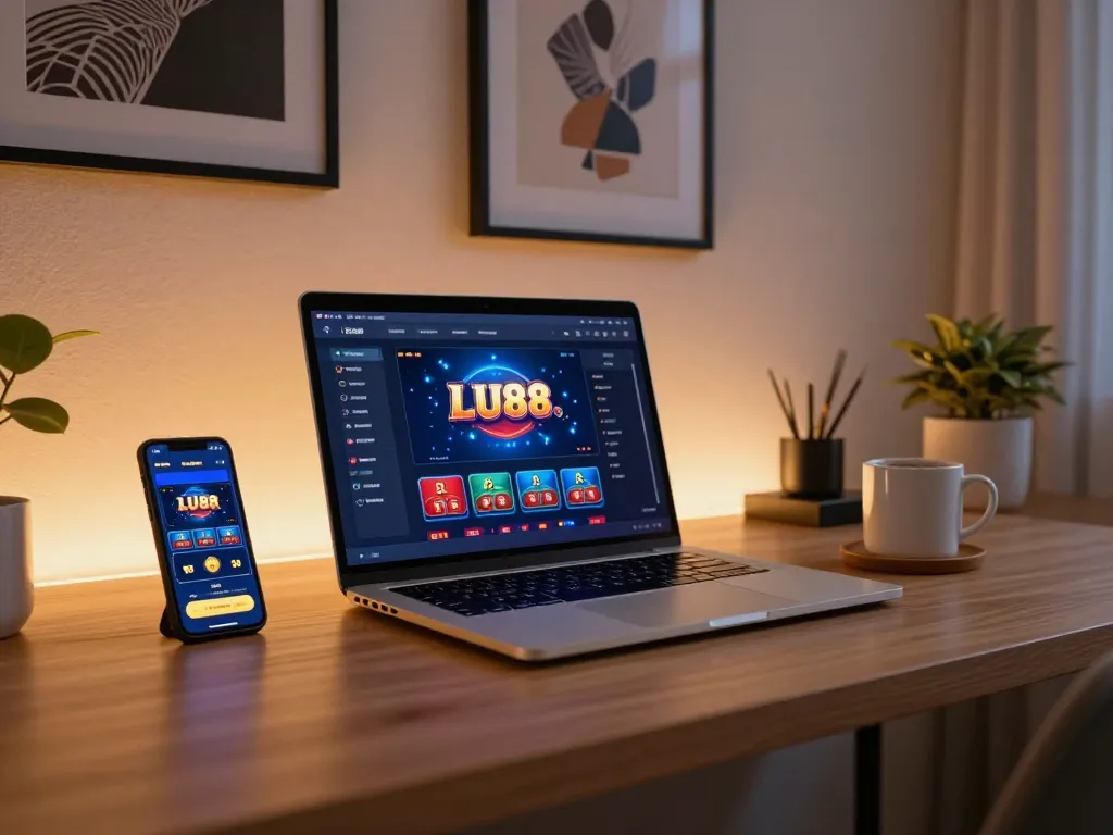 Engaging with LU88 online casino from a stylish home office, showcasing a laptop and smartphone