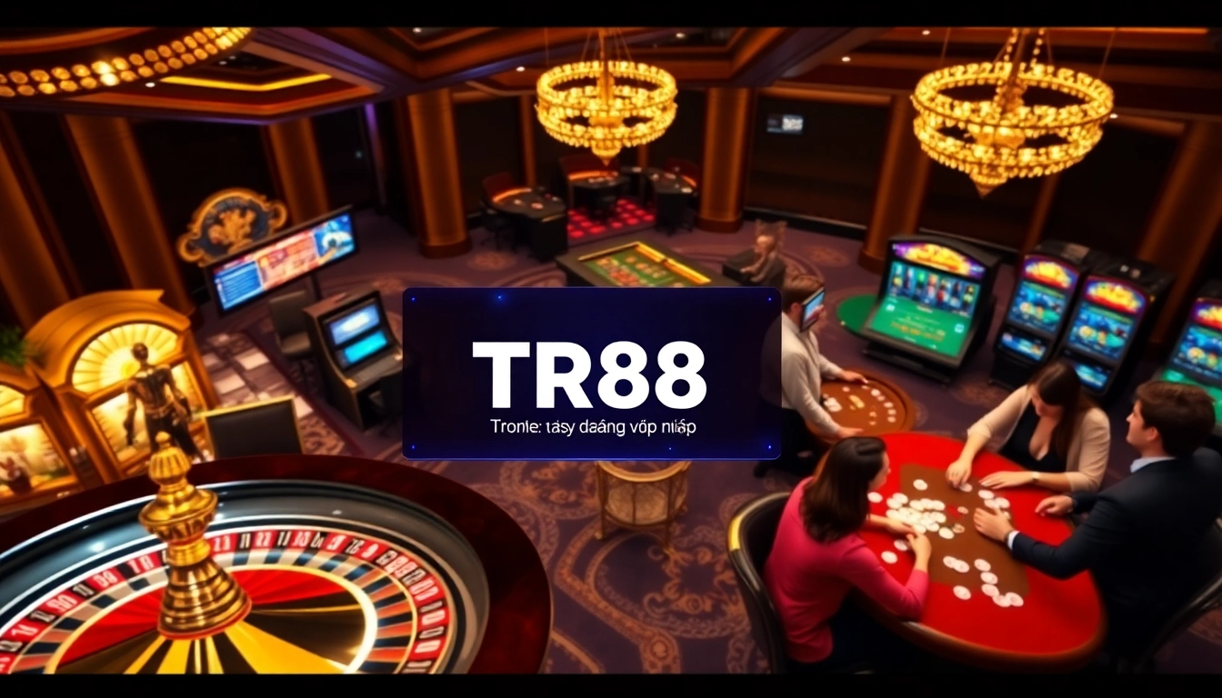 TR88 đăng nhập featuring an exciting casino atmosphere with roulette and poker tables.