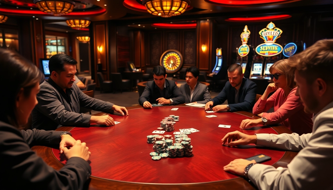A thrilling scene of a poker table at a casino, capturing the excitement of the game 98win amidst warm lighting and vibrant colors.