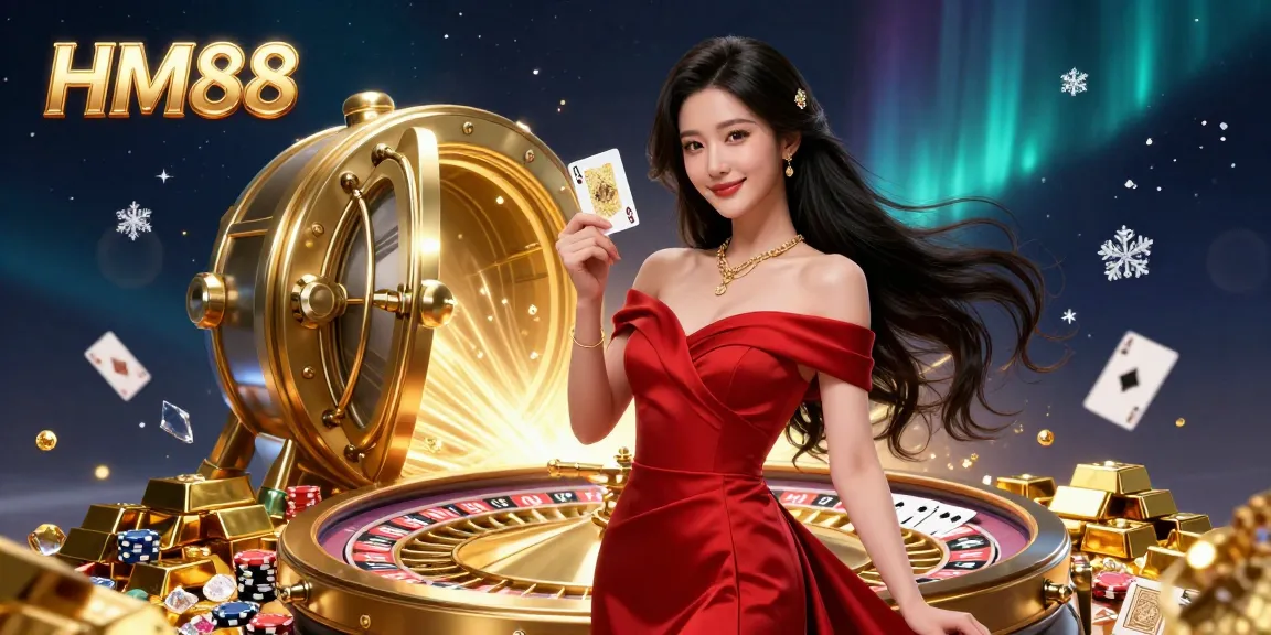 Experience exciting online gaming at HM88 with a stunning illustration of vibrant casino gaming elements.