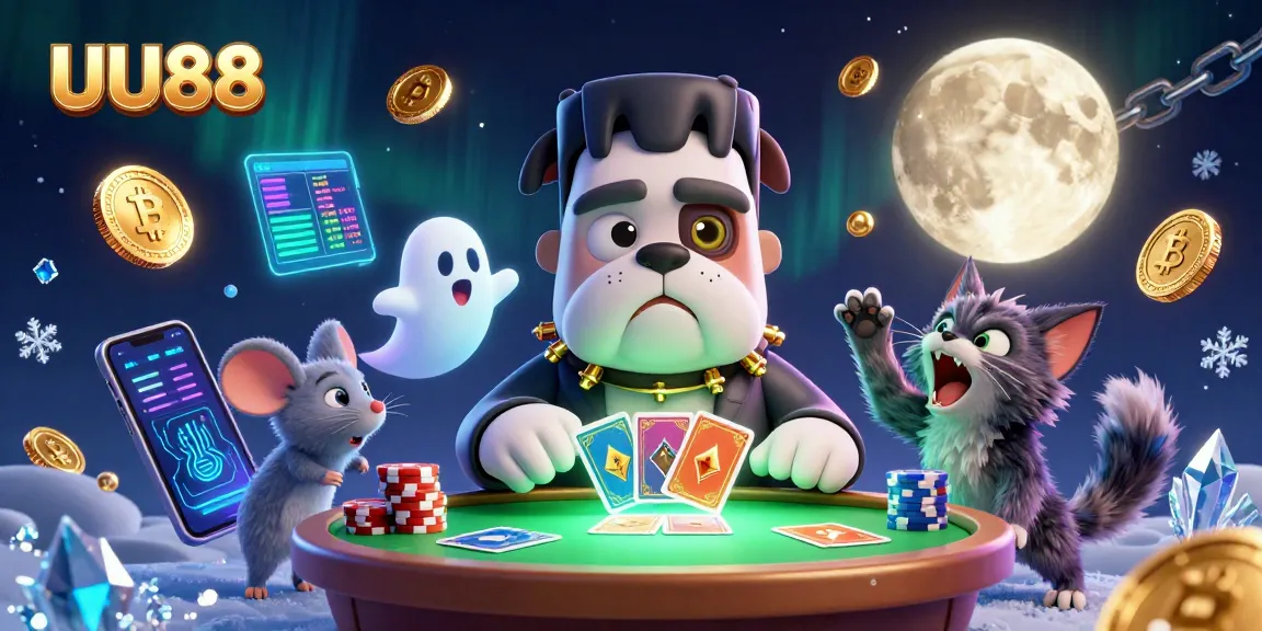 Experience thrilling gameplay at UU88 with a 3D Frankenstein bulldog dealer and ghost mouse at a vibrant casino.