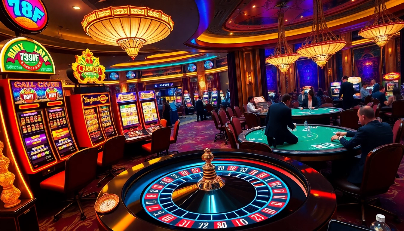 Players engaging in thrilling gameplay at 789F casino, surrounded by vibrant slot machines.