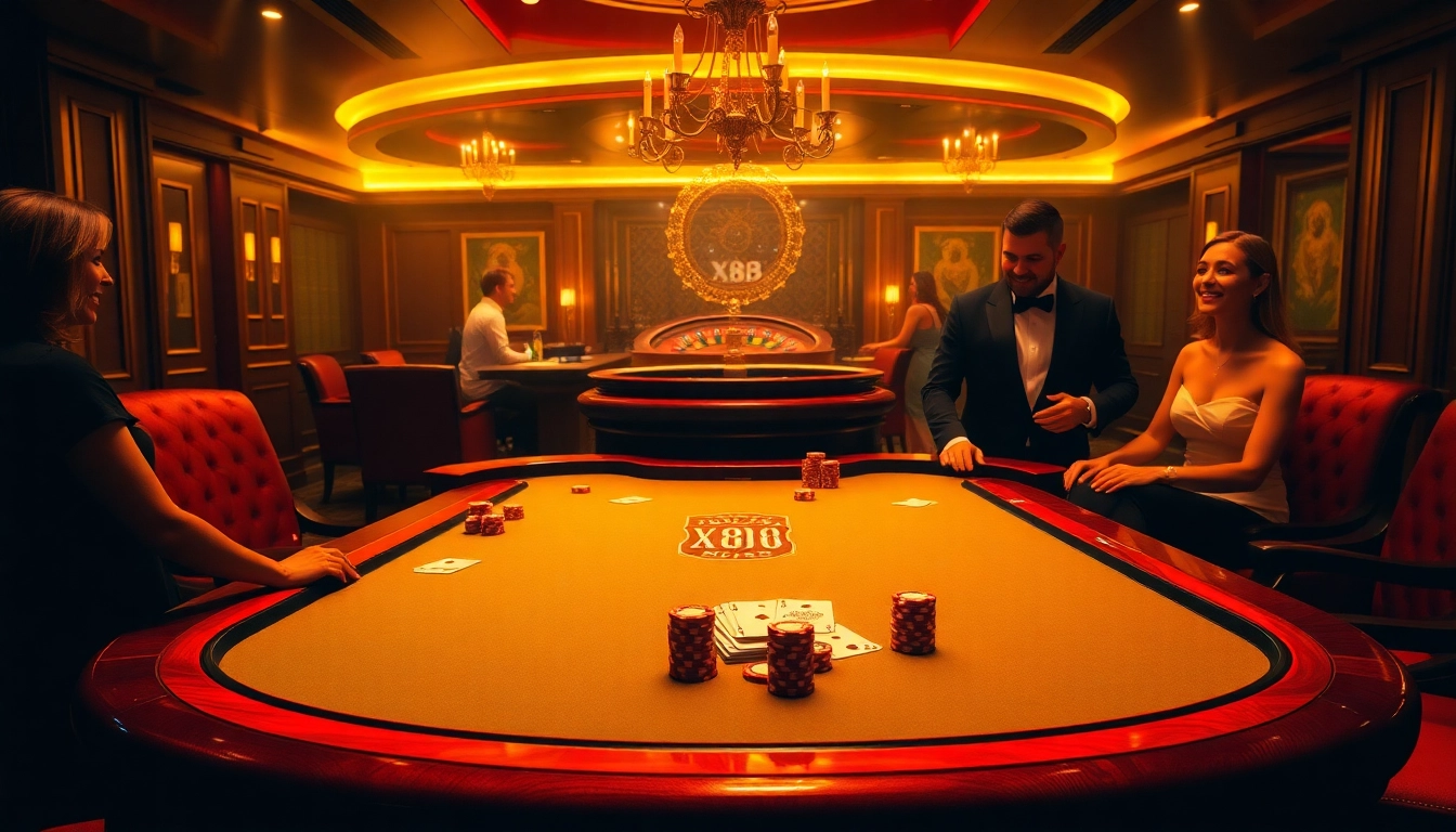 Engaged gamblers at the X88 poker table in a luxurious casino setting.