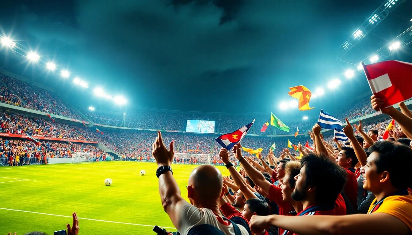 Excited fans celebrating in a vibrant football stadium, showcasing the spirit of tylelekeo88.
