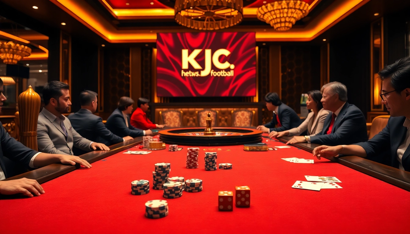 Engaging players experiencing https://kjc.football/ in a vibrant casino filled with poker chips and roulette.