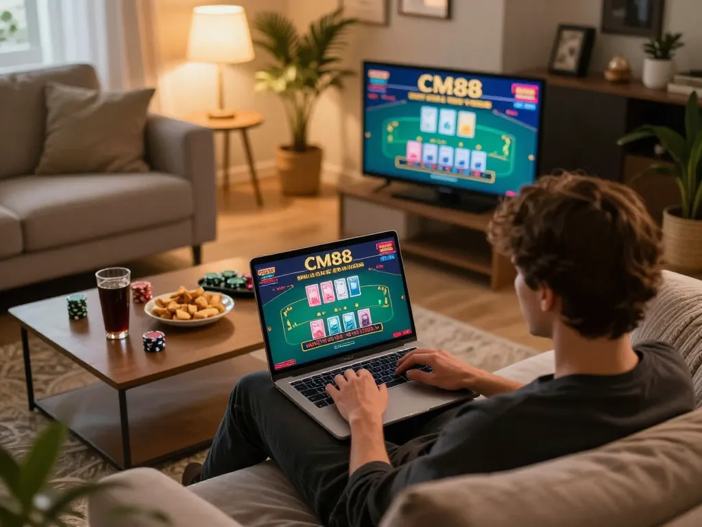 Engaging online cm88 casino gaming experience with person on laptop enjoying live dealer blackjack.