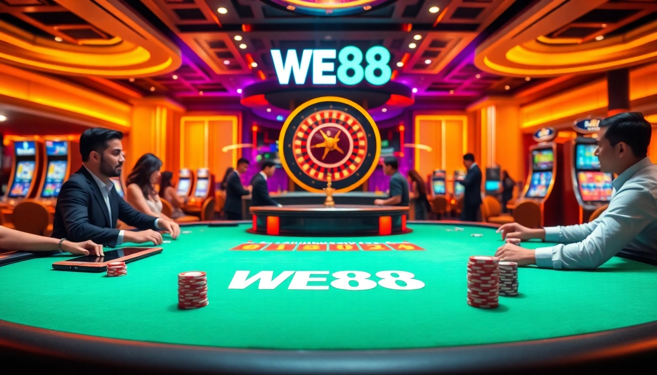 Experience the excitement of WE88 at a vibrant casino table filled with players and games.