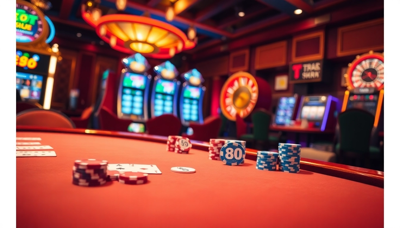 Experience thrilling gameplay at TR88 with vibrant poker tables, chips, and slot machines.