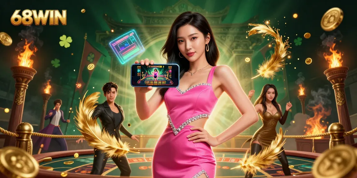 Experience thrilling gameplay at 68WIN with a stunning Asian woman engaging in live dealer games, surrounded by casino elements.