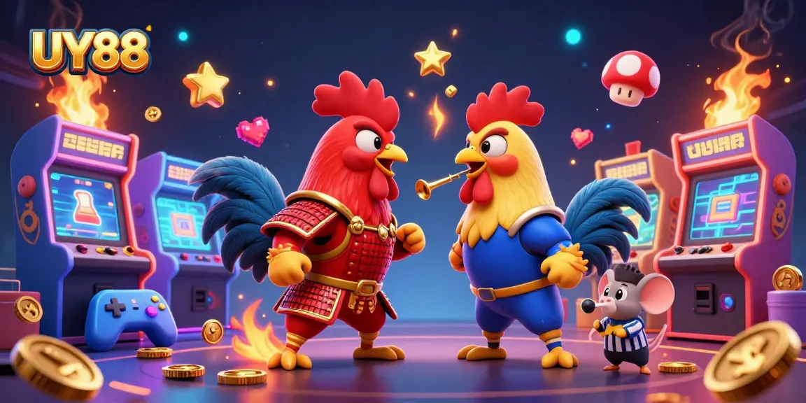 Engage in thrilling battles at UY88 with dynamic fighting roosters in a vibrant casino scene.