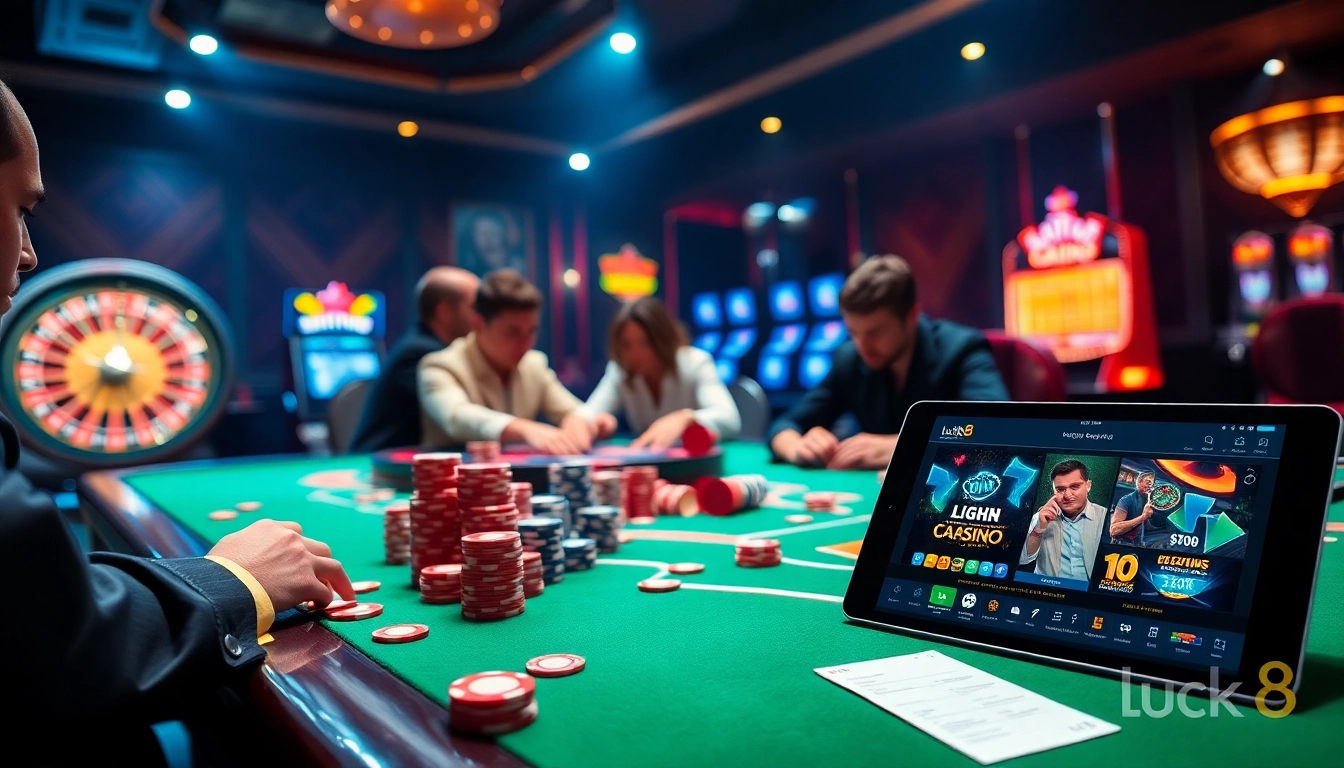 Players immersed in a poker game at luck8 casino, with vibrant atmosphere and casino elements.