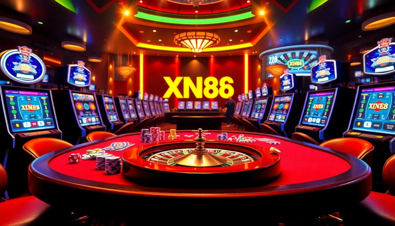 Experience the thrilling games at XN88's vibrant casino scene, filled with poker chips and roulette action.
