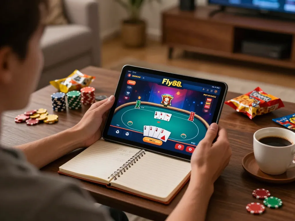 Player enjoying a poker game on Fly88 com tablet, highlighting immersive online gambling experience.