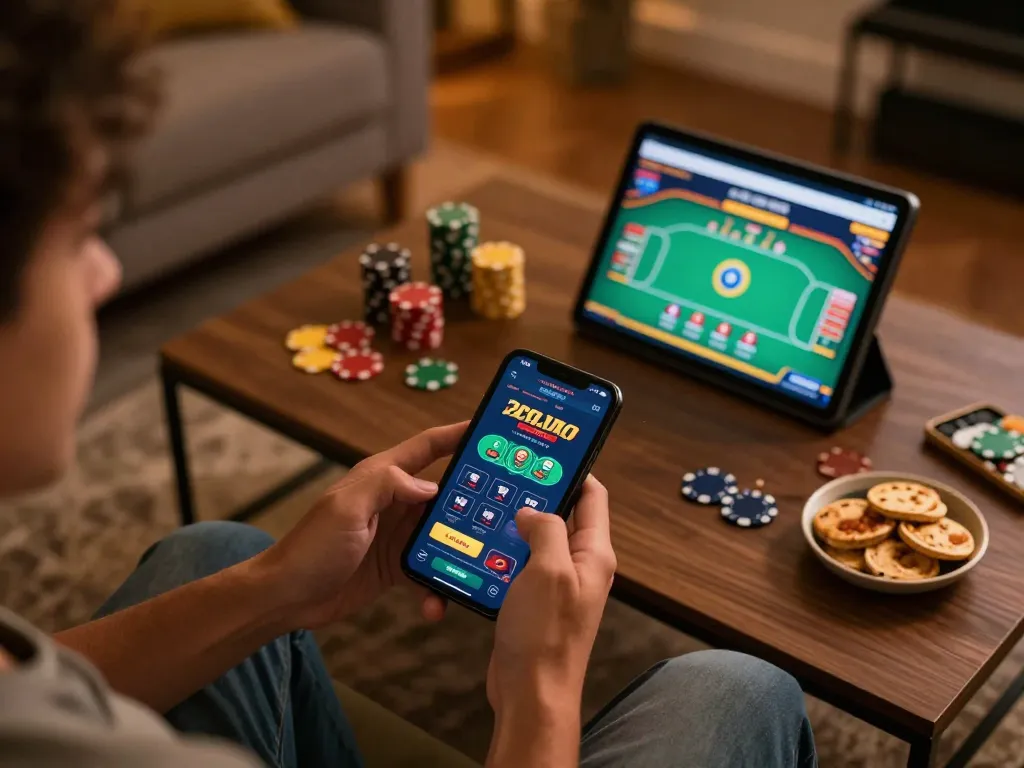Engaging in online gambling through the ONBET app in a cozy home setting