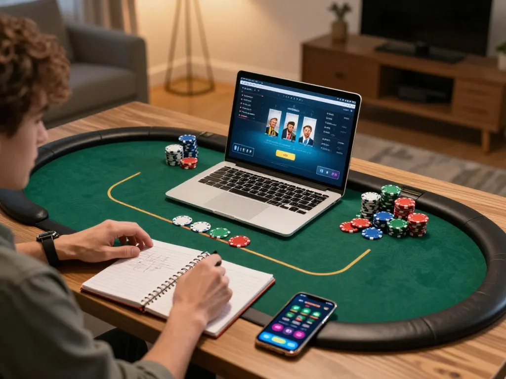 Engaging with 789win com during an exciting home poker game setup with vibrant chips and strategy notes