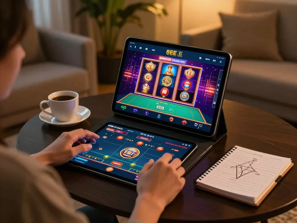Player using the 8EE E app for online slots, relaxing in a cozy home setting