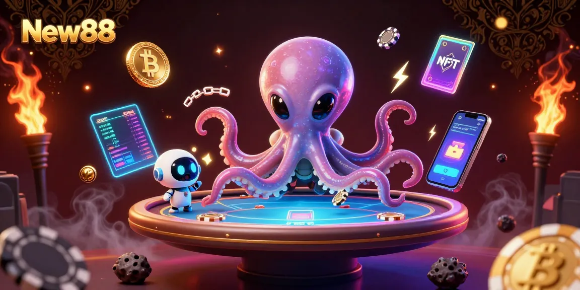 Engage in exciting gaming action at New88 with an alien octopus and crypto elements.