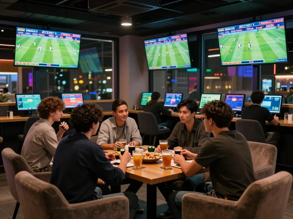 Kèo nhà cái setting with friends analyzing football odds in a lively sports lounge.