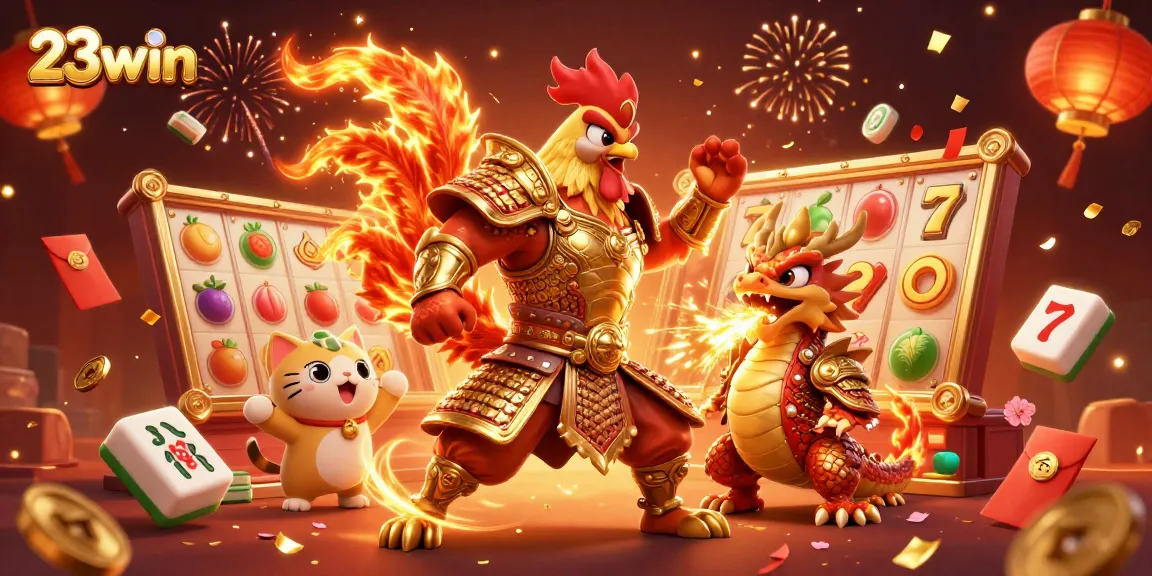 Play thrilling slots and win big at 23win with vibrant characters and celebratory elements.