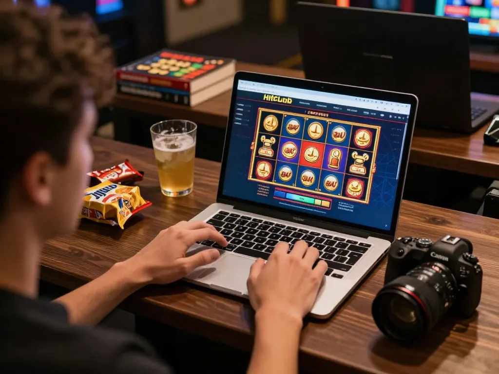 Engaged player using Hitclub for online slots gaming in a cozy home setup