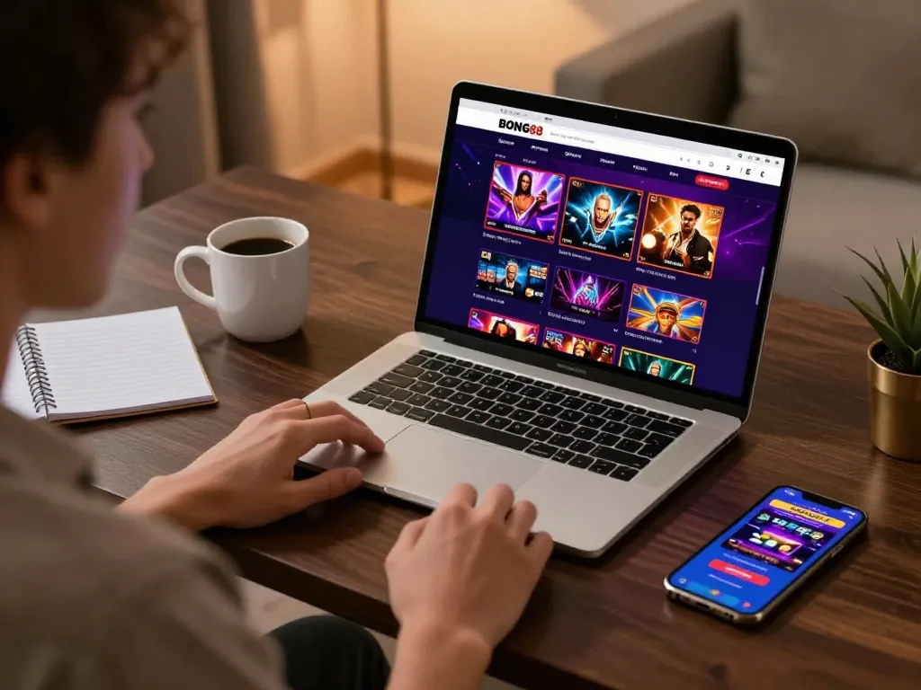 Engaged player accessing BONG88 online casino via laptop, showcasing vibrant gaming interface and responsible gambling