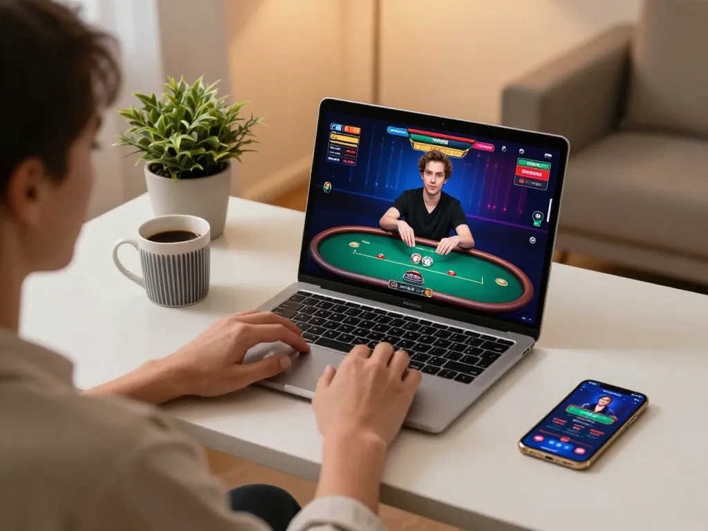 Engaging in a live dealer poker game at home with Link luck8 app on the laptop.